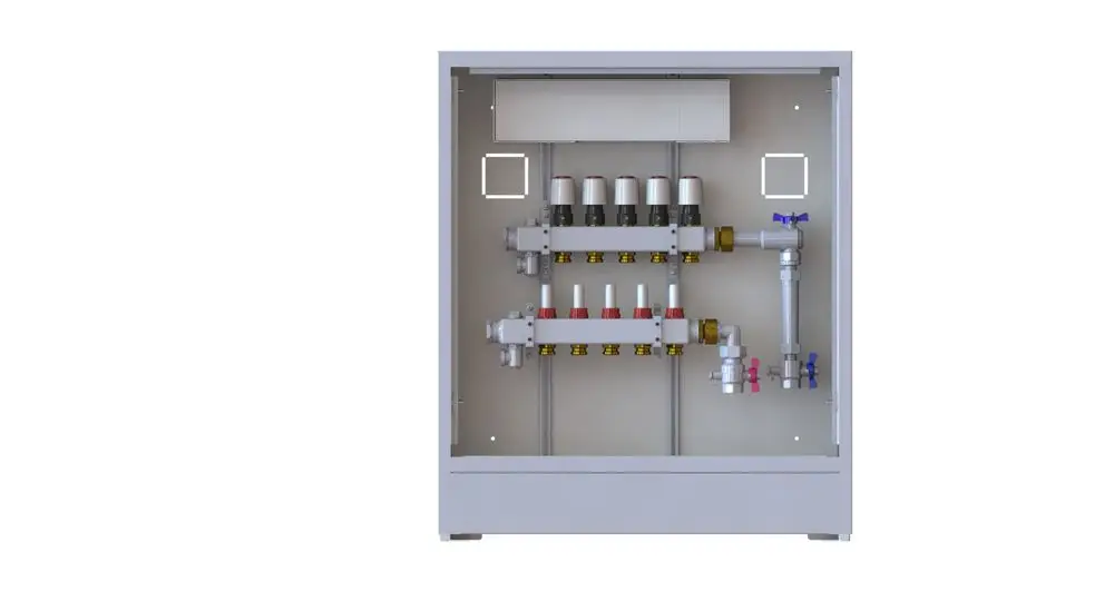 Danfoss Heizkreisverteiler in einem Gehäuse, ausgestattet mit mehreren Ventilen und Verbindungsstücken für Heizungsanwendungen.